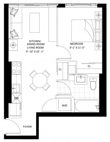 Floor plan for 1 bed, 1 bath, 499 sqft